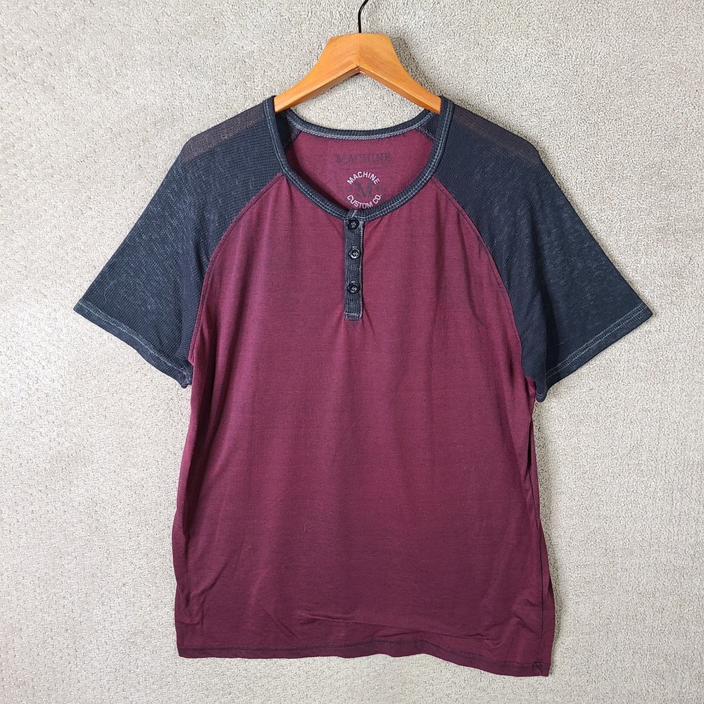 Machine Shirt Mens XL Maroon Raglan Henley Cotton Blend Short Sleeve Casual